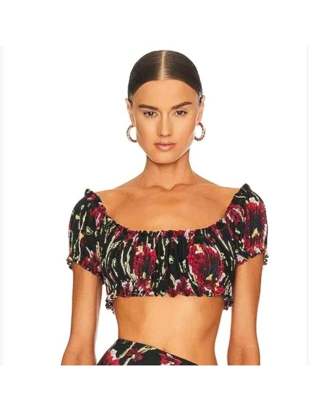 NWT Norma Kamali Black Poppy Print Jose Off the Shoulders Crop Top XS
